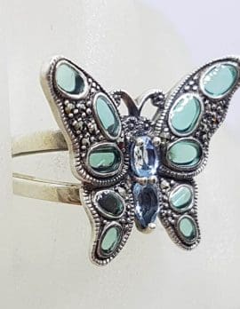 Sterling Silver Marcasite Blue Enamel and Topaz Butterfly Ring