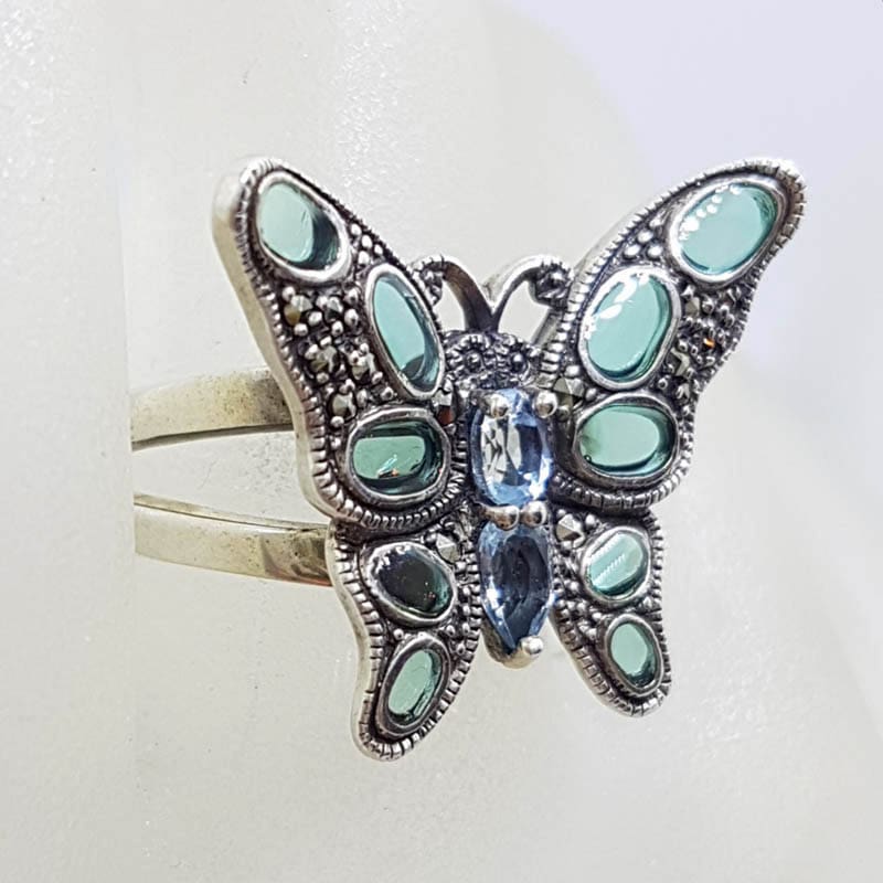 20210722_231800 Sterling Silver Marcasite Blue Enamel and Topaz Butterfly Ring