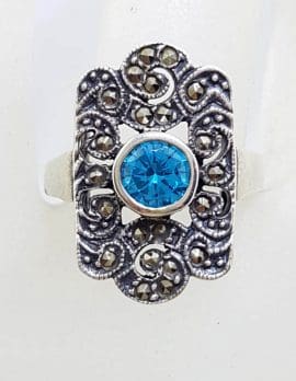 Sterling Silver Marcasite Ornate Blue Topaz Ring