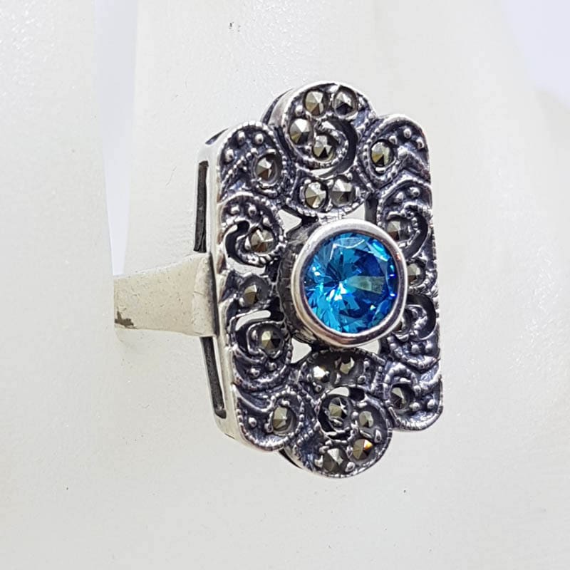 20210722_231854 Sterling Silver Marcasite Ornate Blue Topaz Ring