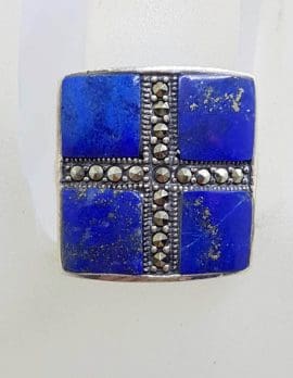Sterling Silver Marcasite Lapis Lazuli Square Cross Ring