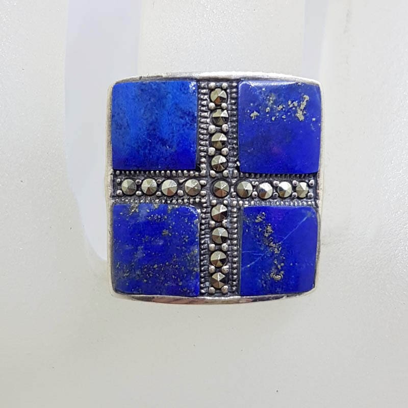 Sterling Silver Marcasite Lapis Lazuli Square Cross Ring