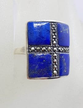 Sterling Silver Marcasite Lapis Lazuli Square Cross Ring