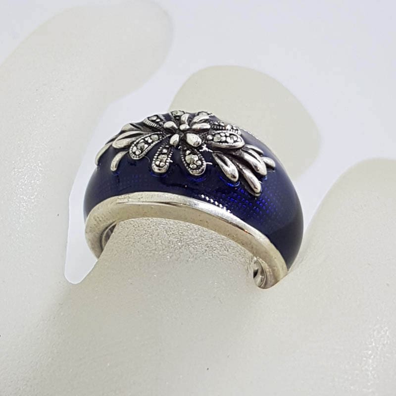 20210722_232211 Sterling Silver Marcasite Wide Ornate Royal Navy Blue Enamel Ring