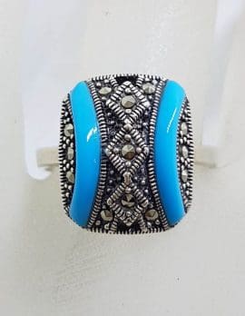 Sterling Silver Marcasite Blue Recon. Turquoise Rectangular Ring - Art Deco Style