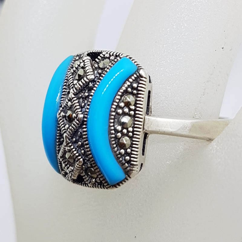 Sterling Silver Marcasite Blue Recon. Turquoise Rectangular Ring - Art Deco Style