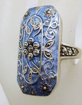 Sterling Silver Marcasite Long Rectangular Ornate Purple Enamel Ring