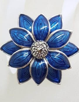 Sterling Silver Marcasite Large Blue Enamel Daisy Flower Ring