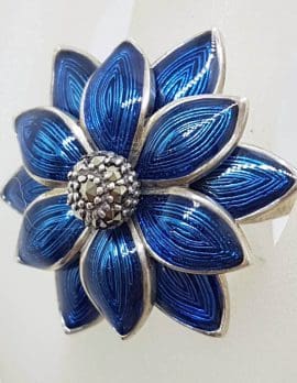 Sterling Silver Marcasite Large Blue Enamel Daisy Flower Ring