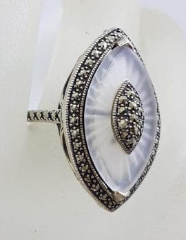 Sterling Silver Marcasite Long White Quartz Marquis Shape Ring