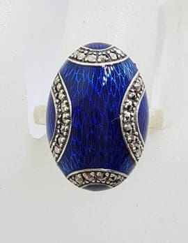 Sterling Silver Marcasite Royal Blue Enamel Oval Ring