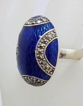 Sterling Silver Marcasite Royal Blue Enamel Oval Ring