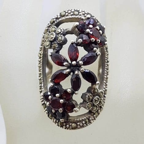 Sterling Silver Marcasite and Garnet Ornate Very Large Open Floral Design Ring