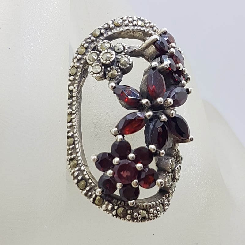 20210722_234858 Sterling Silver Marcasite and Garnet Ornate Very Large Open Floral Design Ring