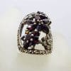 Sterling Silver Marcasite and Garnet Ornate Very Large Open Floral Design Ring