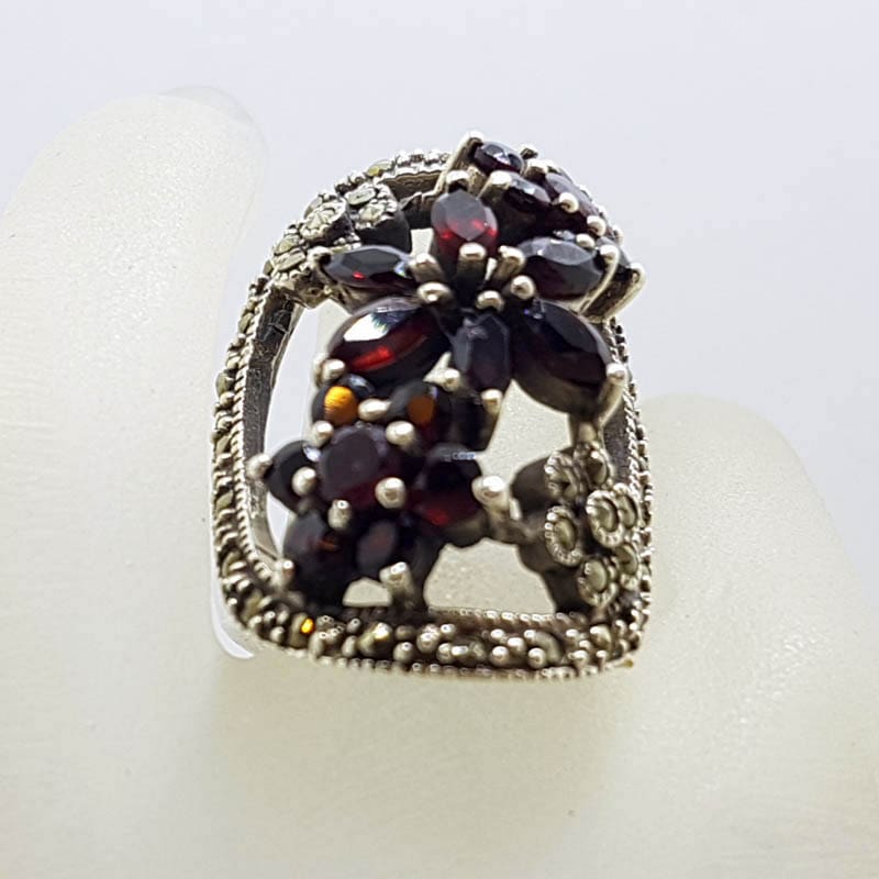20210722_234928 Sterling Silver Marcasite and Garnet Ornate Very Large Open Floral Design Ring