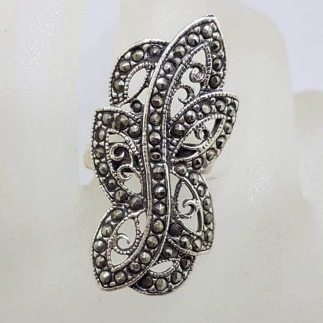 Sterling Silver Very Large Ornate Open Design Marcasite Stylised Butterfly Ring