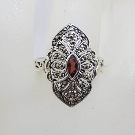 Sterling Silver Marcasite and Garnet Marquis Shape Cluster Ring