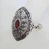 Sterling Silver Marcasite and Garnet Marquis Shape Cluster Ring