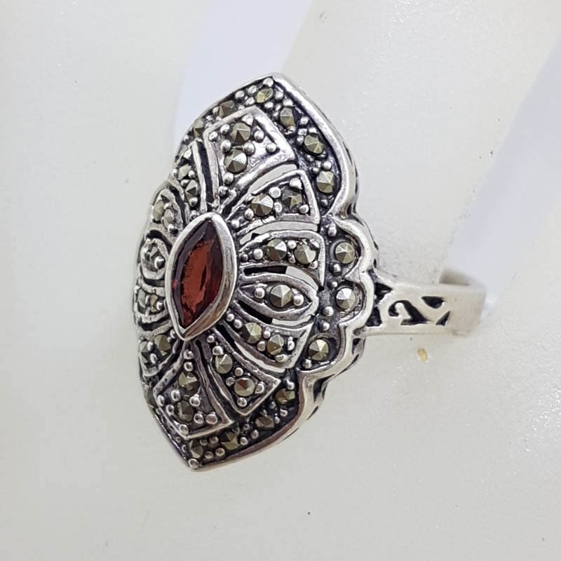 20210722_235259 Sterling Silver Marcasite and Garnet Marquis Shape Cluster Ring
