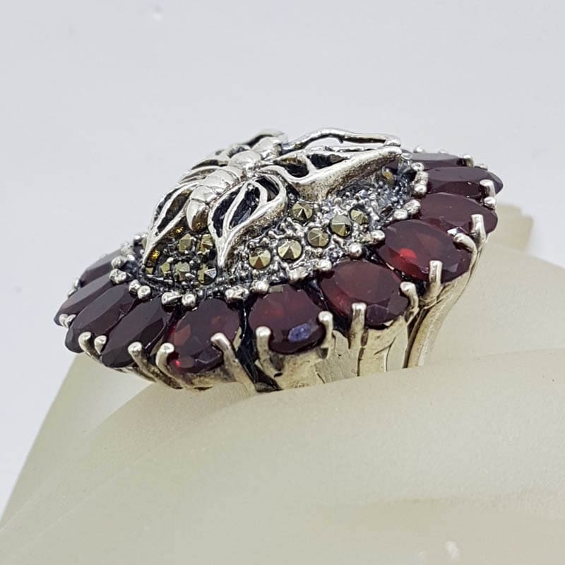 20210722_235422 Sterling Silver Very Large Round Butterfly Marcasite & Garnet Cluster Ring