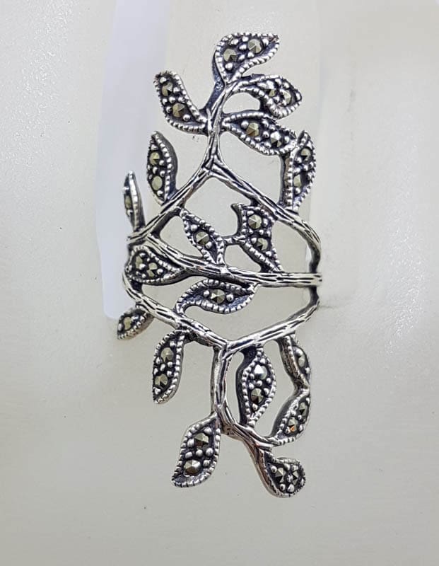 Sterling Silver Marcasite Large / Long Ornate Leaf Design Ring