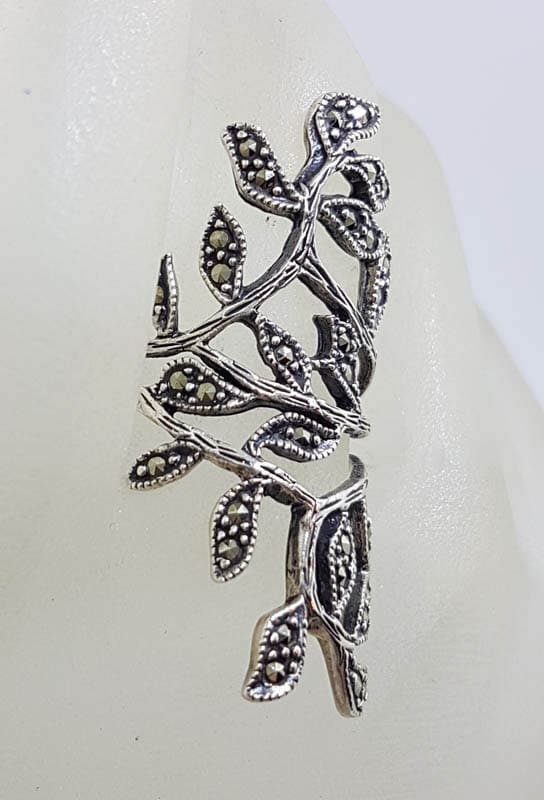 Sterling Silver Marcasite Large / Long Ornate Leaf Design Ring