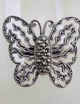Sterling Silver Very Large Ornate Open Design Marcasite Butterfly Ring
