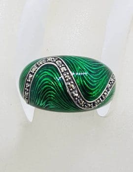 Sterling Silver Marcasite Wide Green Enamel Ring
