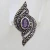 Sterling Silver Oval Amethyst with Marcasite Twist Design Ring