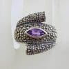 Sterling Silver Chunky 1 Marquis 2 Round Amethyst with Marcasite Ring