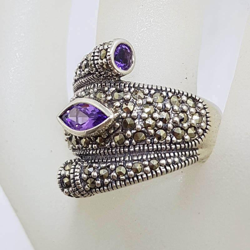 Sterling Silver Chunky 1 Marquis 2 Round Amethyst with Marcasite Ring