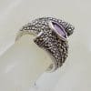 Sterling Silver Chunky 1 Marquis 2 Round Amethyst with Marcasite Ring