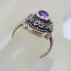 Sterling Silver Marcasite & Oval Amethyst in Elongated Cluster Ring