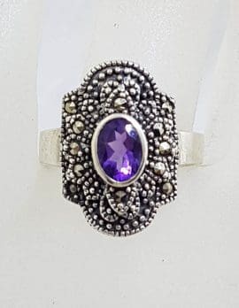 Sterling Silver Marcasite & Amethyst Elongated Ring