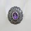 Sterling Silver Oval Amethyst and Marcasite Cluster Ring