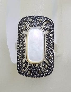 Sterling Silver Marcasite and Mother of Pearl Large Rectangular Ring