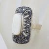 Sterling Silver Marcasite and Mother of Pearl Large Rectangular Ring
