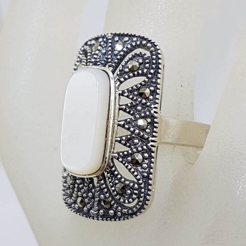 20210723_001127 Sterling Silver Marcasite and Mother of Pearl Large Rectangular Ring