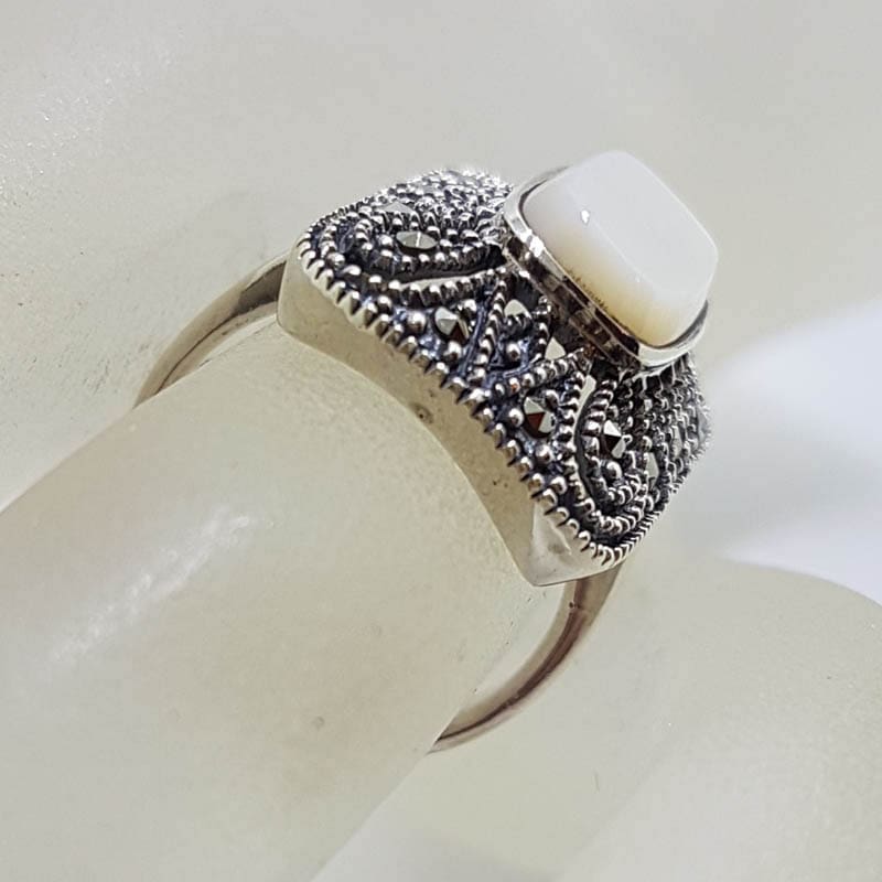 20210723_001154 Sterling Silver Marcasite and Mother of Pearl Large Rectangular Ring