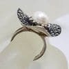 Sterling Silver Marcasite and Pearl Large Stylised Unusual Wavy Triangle Shape Ring