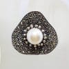 Sterling Silver Marcasite and Pearl Large Stylised Unusual Wavy Triangle Shape Ring