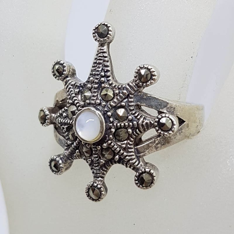 Sterling Silver Marcasite and Mother of Pearl Starburst Ring