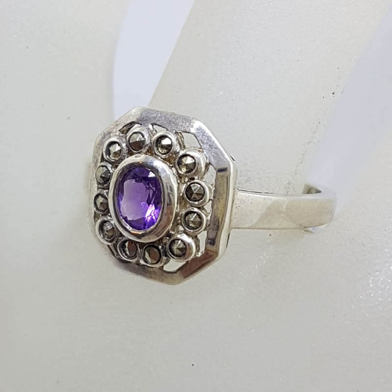 Sterling Silver Marcasite & Amethyst Octagonal Cluster Ring