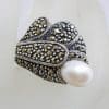 Sterling Silver Marcasite and Pearl Large Stylised Unusual Shape Ring