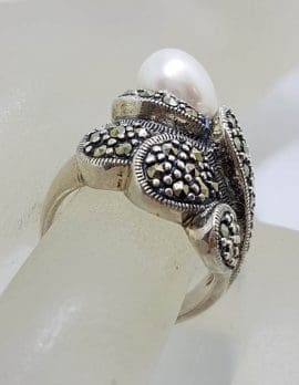 Sterling Silver Marcasite and Pearl Large Stylised Unusual Shape Ring