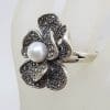 Sterling Silver Marcasite and Pearl Large Stylised / Detailed Flower Ring
