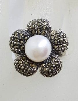 Sterling Silver Marcasite and Pearl Flower Ring