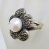 Sterling Silver Marcasite and Pearl Flower Ring