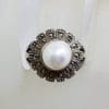 Sterling Silver Marcasite and Pearl in Round Shape Flower Ring